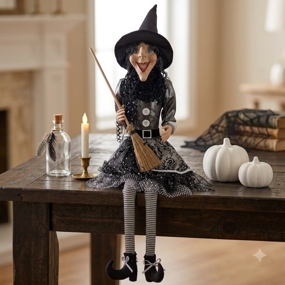 Halloween Witch Shelf Sitter Doll 30" Striped Legs Broom Spooky Black Silver